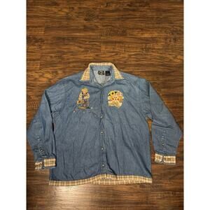 Vtg Womens Shirt Size L Denim Fall Leaves Scarecrow Halloween Lighthouse App
